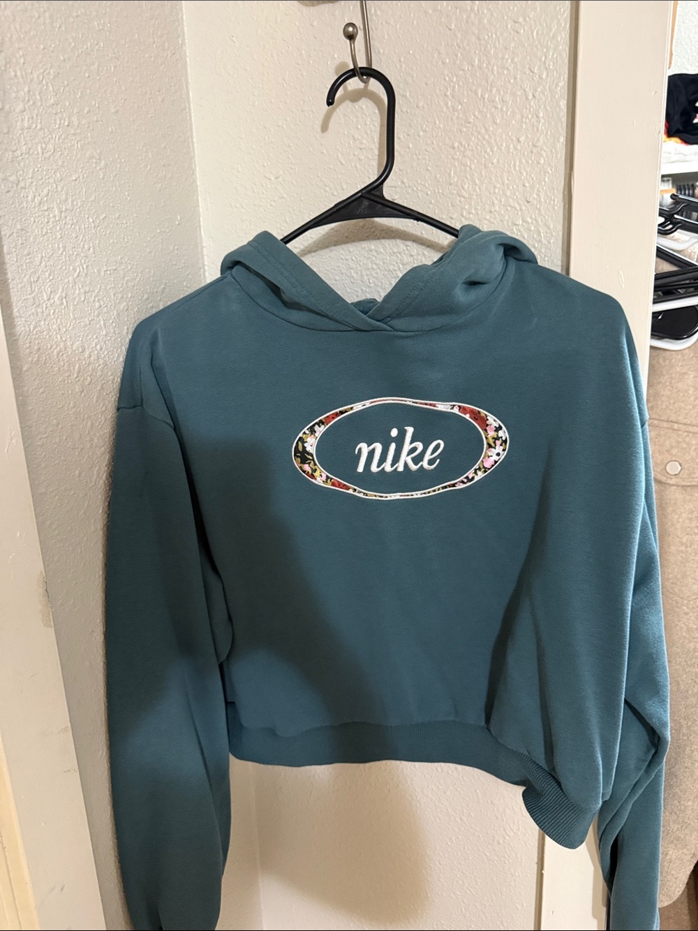 Nike Teal Cropped Crewneck Hoodie with Floral Logo